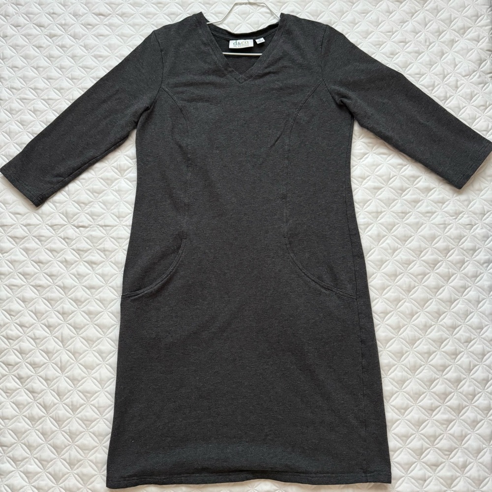D&Co Active French Terry 3/4 Sleeve V-Neck Dress Pockets Dark Gray Sz XS